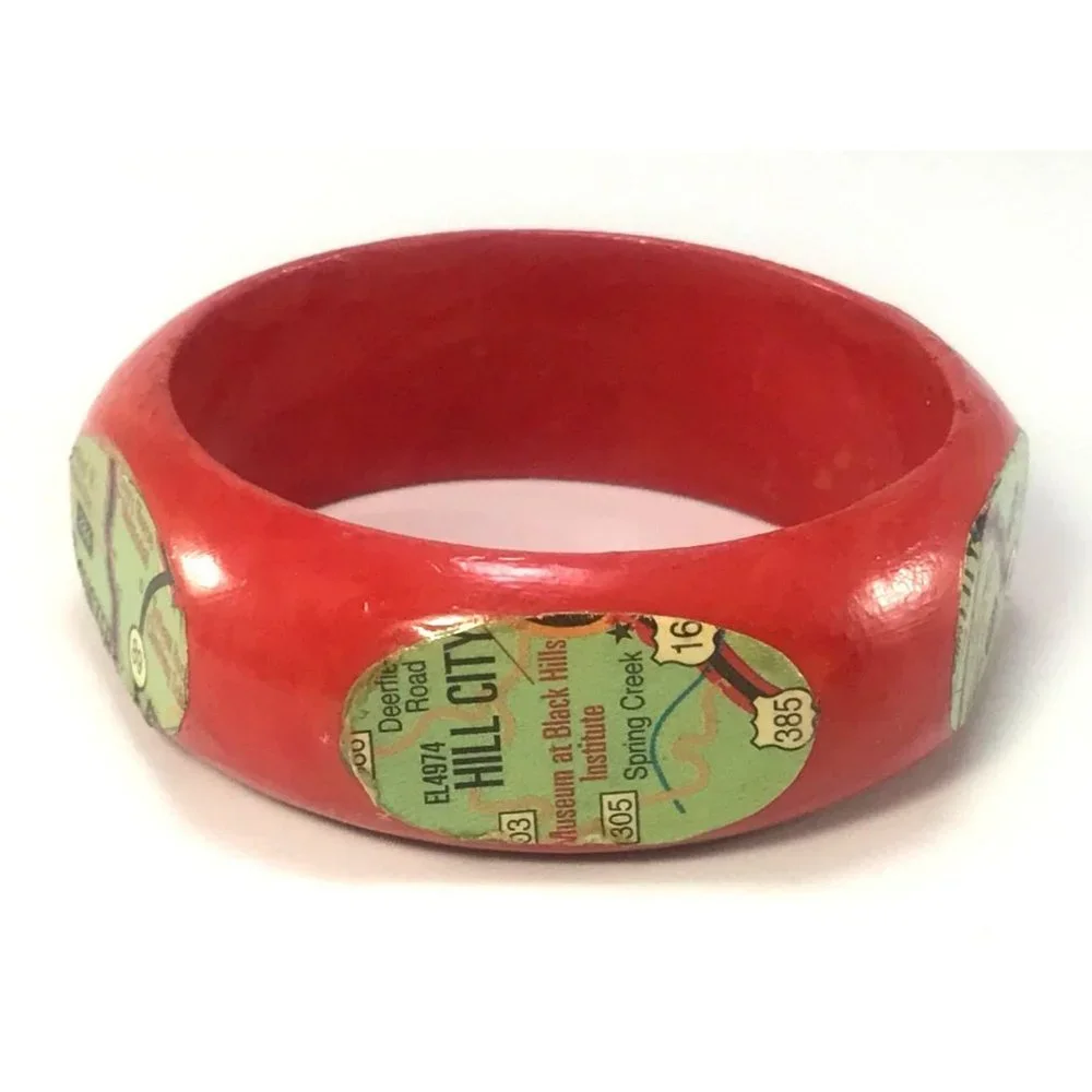 Altered Red Wood Bangle Bracelet with Deadwood Black Hills Map Collage - Picture 3 of 6